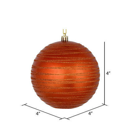 Vickerman 4" Burnished Orange Candy Finish Ball Ornament with Glitter Lines 4 per Bag