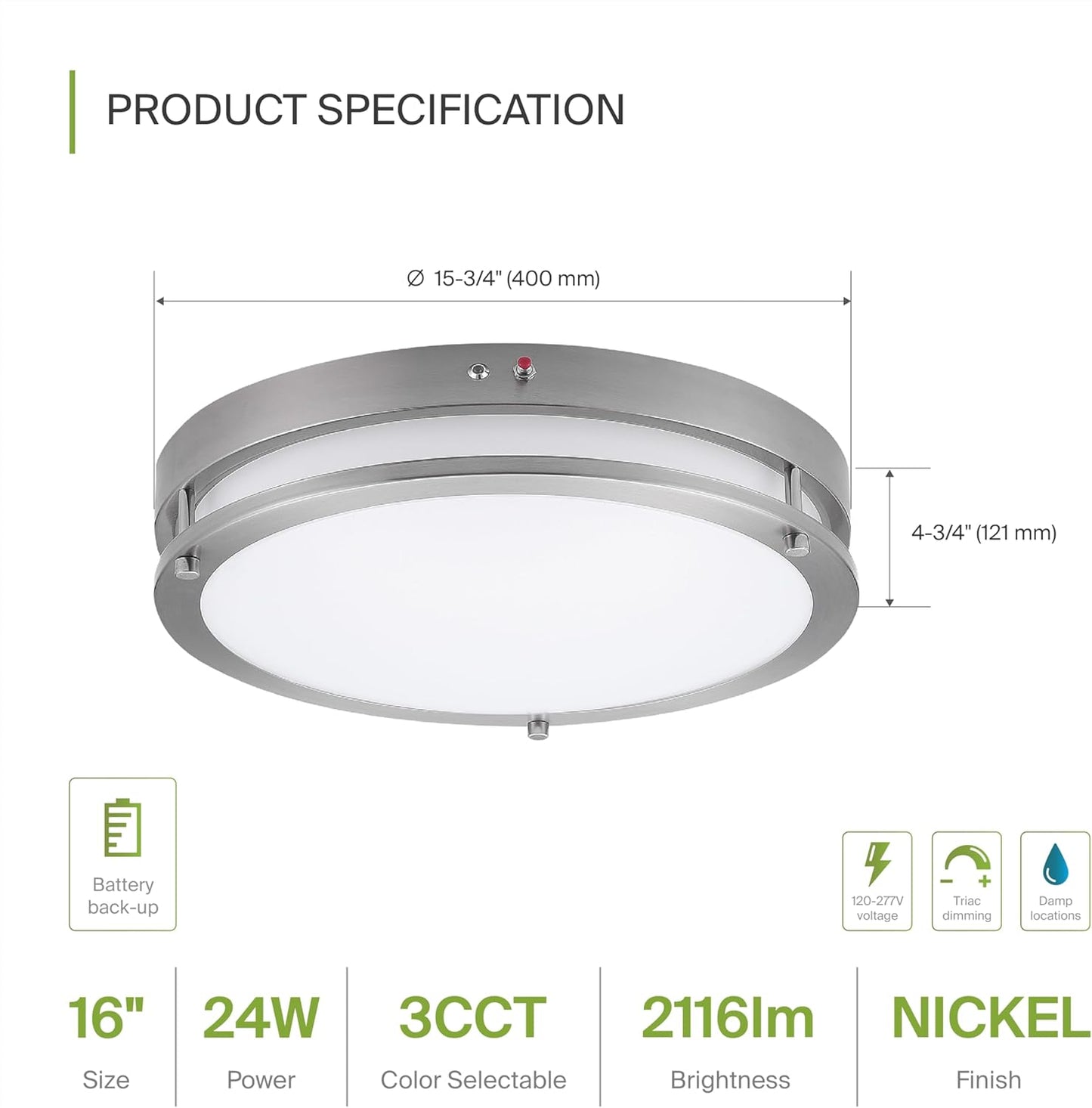 ASD Lighting LED Double Ring Flushmount 16inch 24W 120-277V Triac 3000/4000/5000K with Battery Back-up 12W Nickel ETL