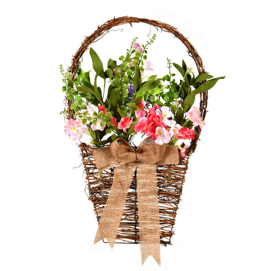 Vickerman 20" Artificial Mixed Flower Basket That Features Pink And White Flowers. The Flower Basket Has A Base Of Mixed Greenery Leaves.