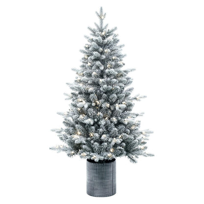 Vickerman 4.5' x 30" Frosted Potted Spruce Artificial Slim Pre-Lit Christmas Tree in Brown Tin Container with 120 Dura-Lit® Warm White Mini Lights, 499 Realistic Frosted PE/PVC Tips, Step On/Off Foot Pedal Switch and Folding Metal Tree Stand