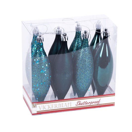 Vickerman 5.5" Sea Blue Finial Drop Christmas Ornament Assorted 4 Finish 8 per Pack