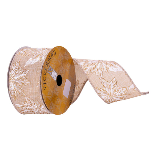 Vickerman 2.5" x 10 Yards Cream with White and Gold Poinsettias Ribbon