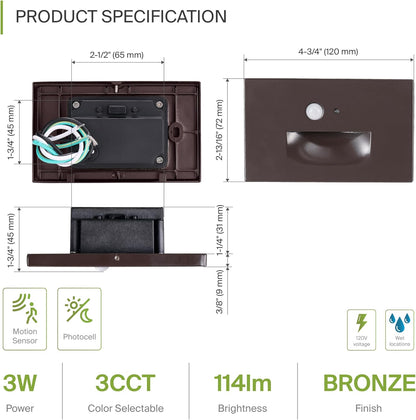ASD Lighting LED Step Light Horizontal 3W 120V CCT Selectable 3000/4000/5000K with Motion Sensor and Photocell Oil Rubbed Bronze ETL