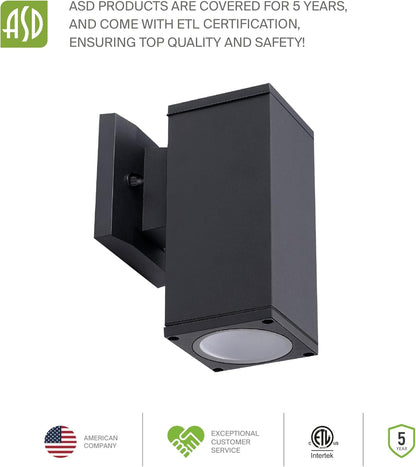 ASD Lighting BULB Square Outdoor Wall Cylinder with Photocell, Up or Downlight Fixture, 120V, 60W Max, 7.88", 50°, Black Finish