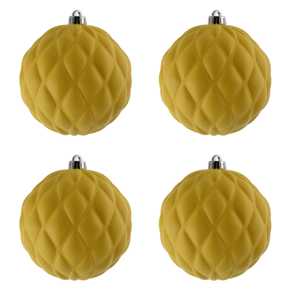 Vickerman 6" Yellow Matte Round Pine Cone Ornament with drilled and wired caps. Comes 4/bag.
