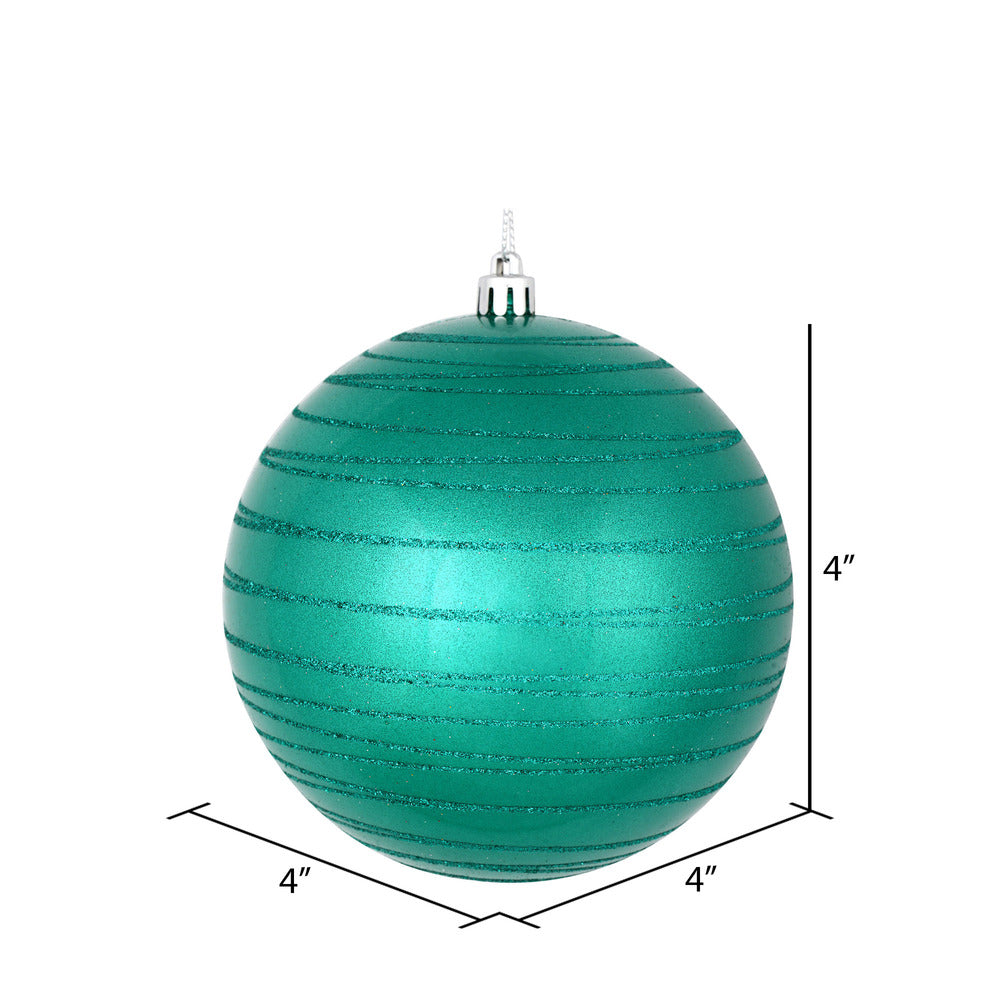 Vickerman 4" Teal Candy Finish Ball Ornament with Glitter Lines 4 per Bag