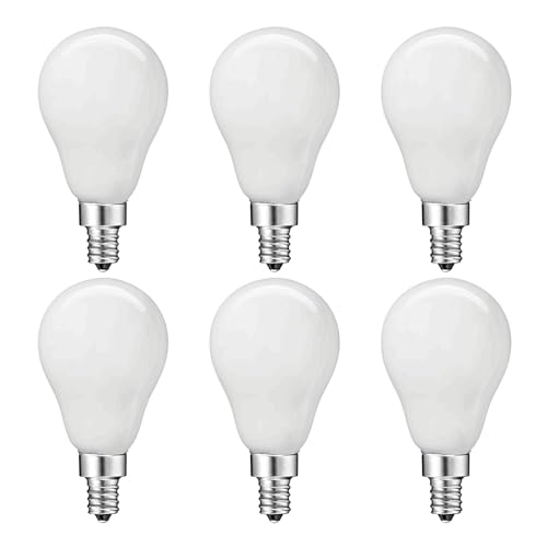 Damar A15 LED Bulb 5W 380 Lumen 2700K Warm White E12S Candelabra Base Appliance Light Bulb for Chandelier Ceiling Fan Refrigerator 120V Dimmable CRI80 250° White Finish Pack of 6