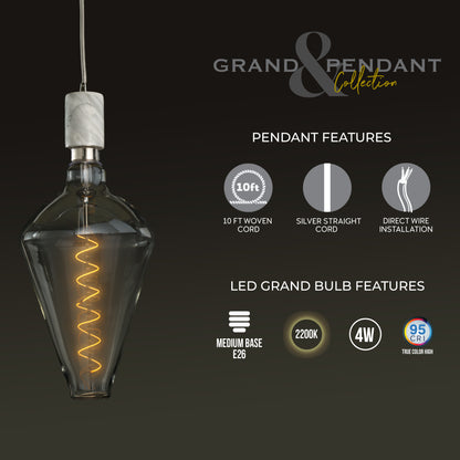 Bulbrite LED Grand Bulb and Pendant Kit of (1) 4 Watt Clear Glass 15" Diamond Shaped Bulb and (1) White Marble Open Socket Pendant on White Fabric Braided Cord - 2200K (Amber Light)