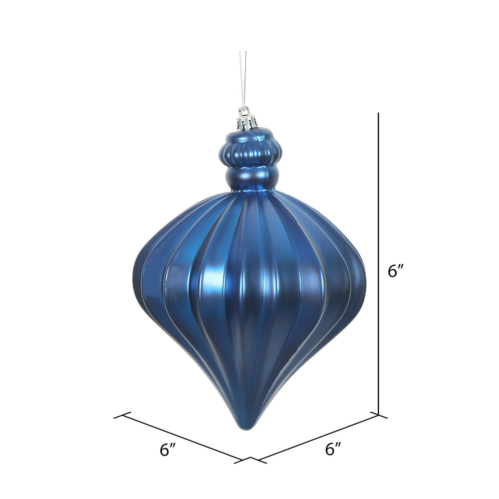 Vickerman 6" Blue Matte Onion Drop Ornament with drilled and wired caps. Comes 4  per Bag.