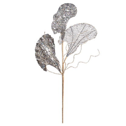 Vickerman 20" Silver Fiddle Leaf Glitter Artificial Christmas Spray. Includes 3 sprays per pack.