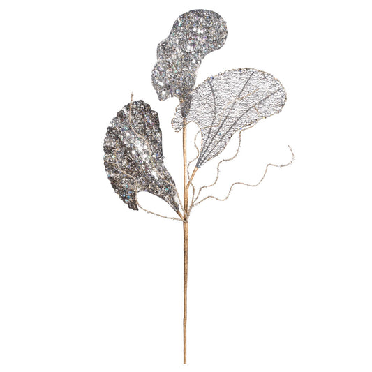 Vickerman 20" Silver Fiddle Leaf Glitter Artificial Christmas Spray. Includes 3 sprays per pack.
