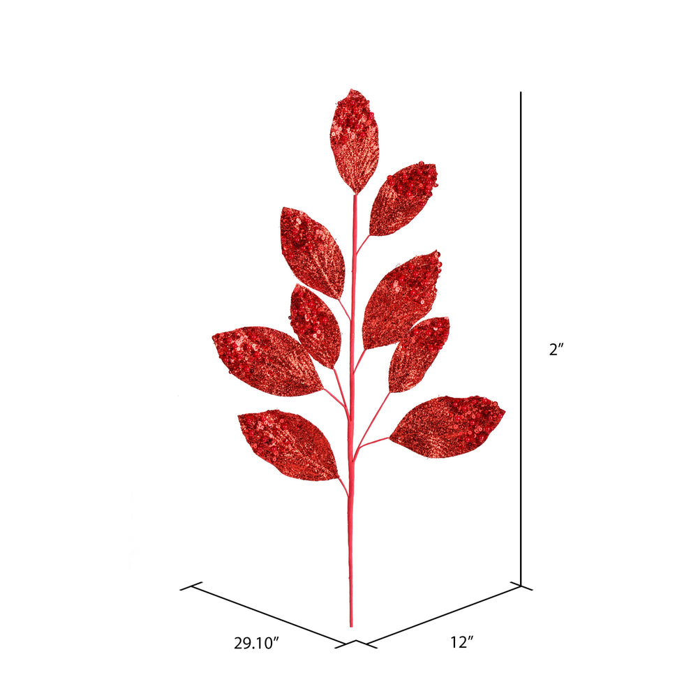 Vickerman 29" Red Glitter Leaf Artificial Christmas Spray. Includes 6 sprays per pack.