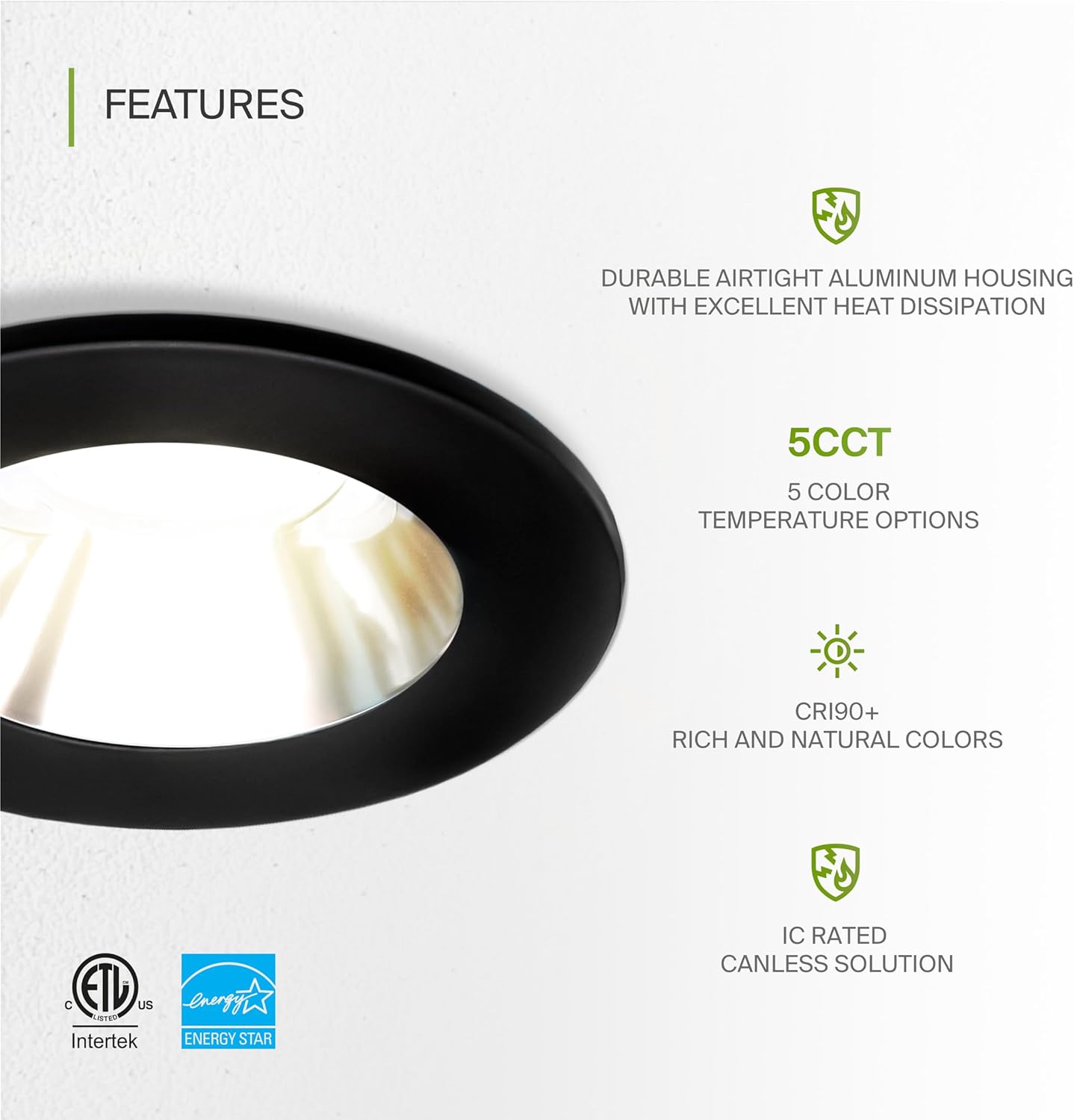 ASD Lighting LED Downlight 2INCH Changeable Round 15W CCT Selectable 2700/3000/3500/4000/5000K Dimmable, Chrome Smooth reflector, Black trim, ETL Energy Star