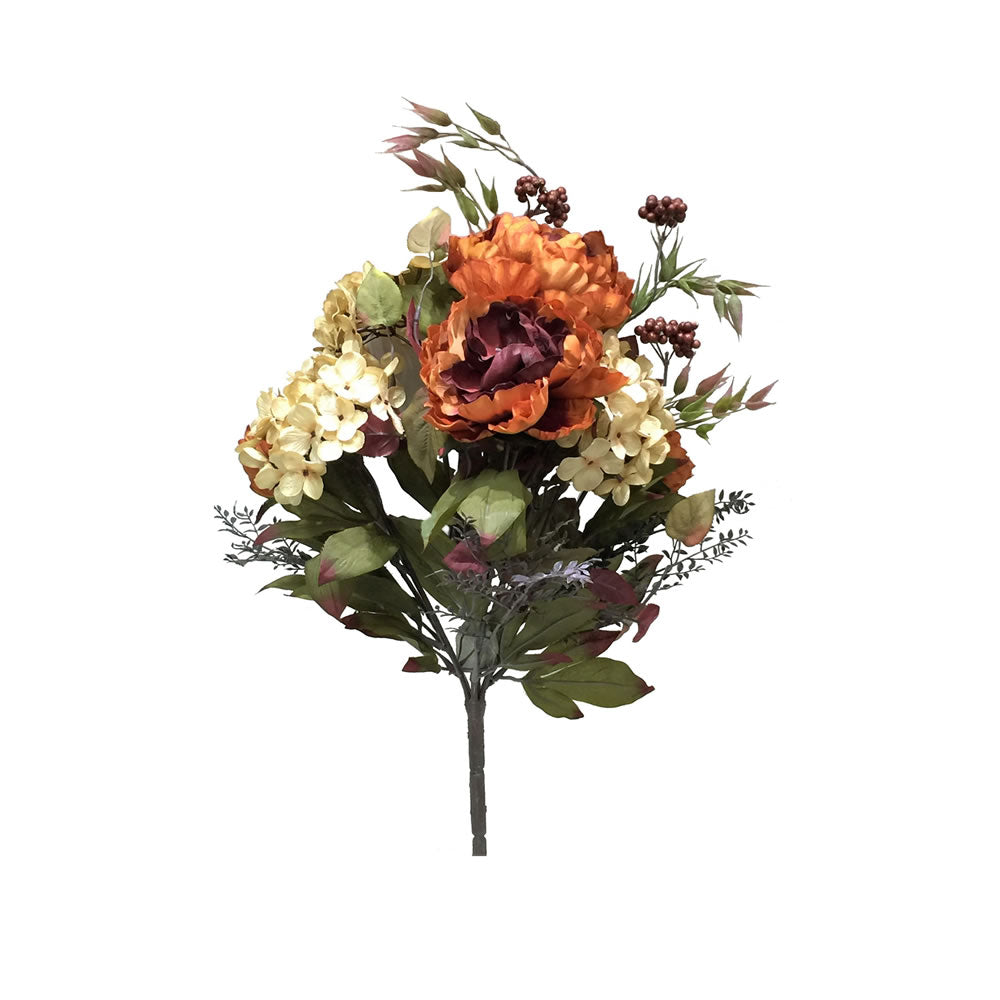 Vickerman 21" Artificial Dark Orange and Cream Mixed Peony and Hydrangea Bush.