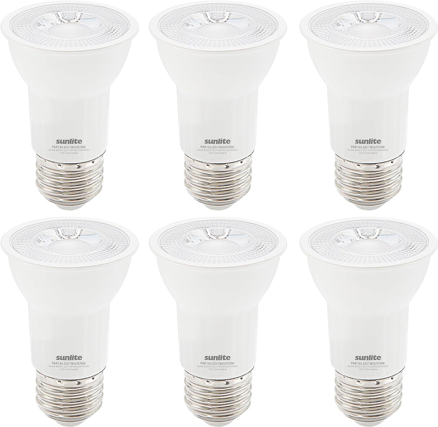 Sunlite 41568-SU LED PAR16 Long Neck Light Bulb 7 watts (75W Equivalent), 500 Lumens, Medium (E26) Base, Dimmable, ETL Listed, 50K- Super White, 6 Pack