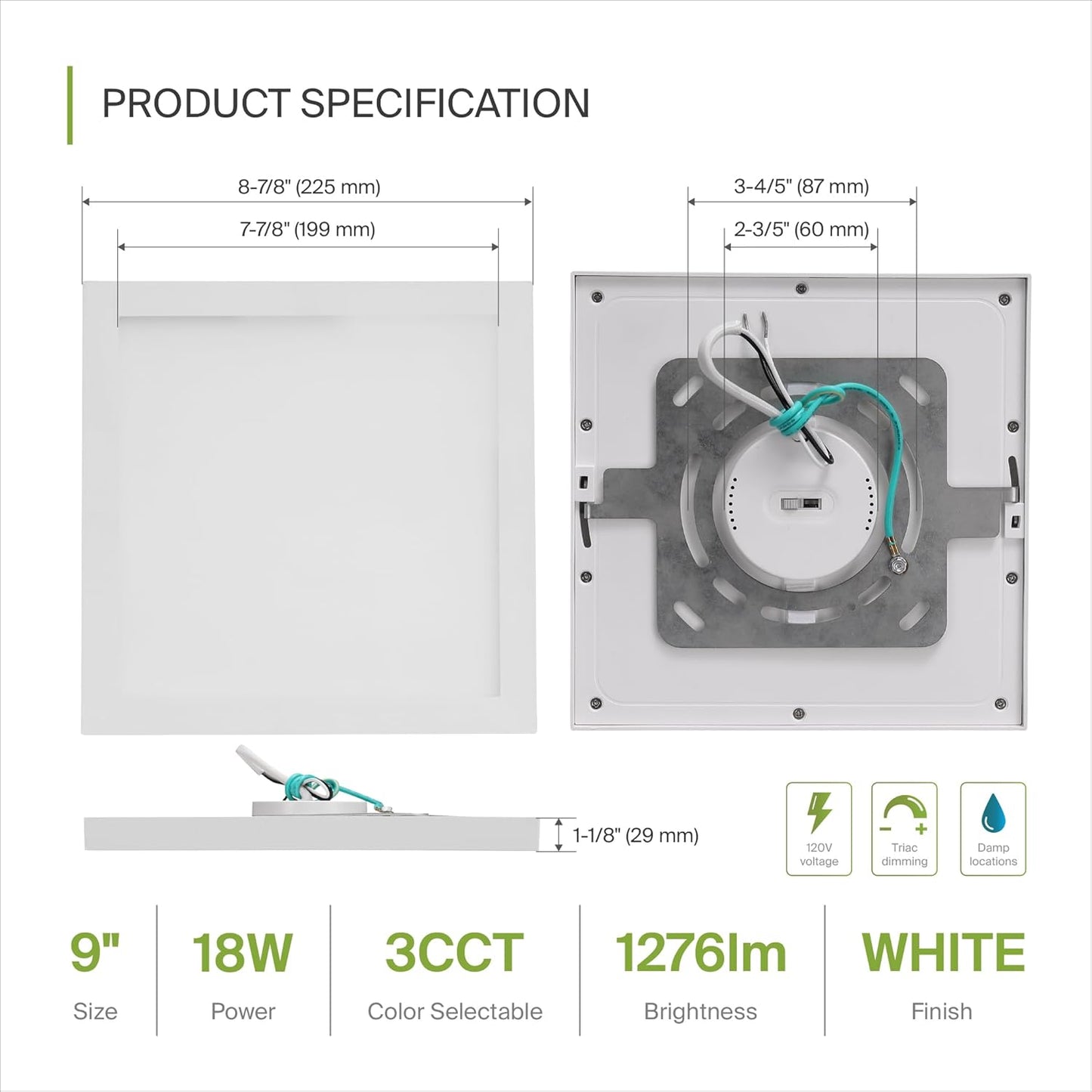 ASD Lighting LED Surface Mini Panel Square 9inch 18W 120V Triac 3000/4000/5000K White ETL 6 pack