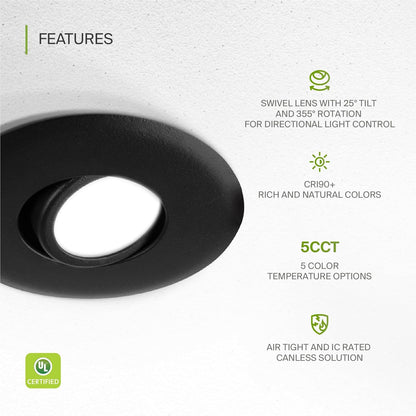 ASD Lighting LED Round Recessed Mini Panel Gimbal Airtight 3" 6W 120V Dimmable CCT Selectable 2700/3000/3500/4000/5000K Black UL 6pack