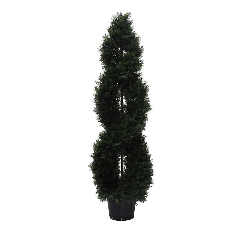 Vickerman 5' Artificial Green Cedar Double Spiral Topiary Black Plastic Pot.Widest part is 16"
