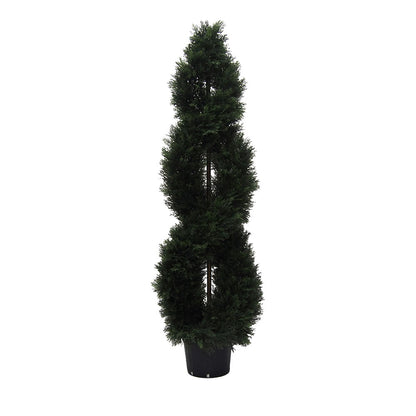 Vickerman 5' Artificial Green Cedar Double Spiral Topiary Black Plastic Pot.Widest part is 16"