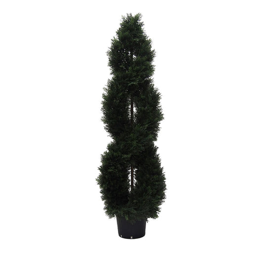 Vickerman 5' Artificial Green Cedar Double Spiral Topiary Black Plastic Pot.Widest part is 16"