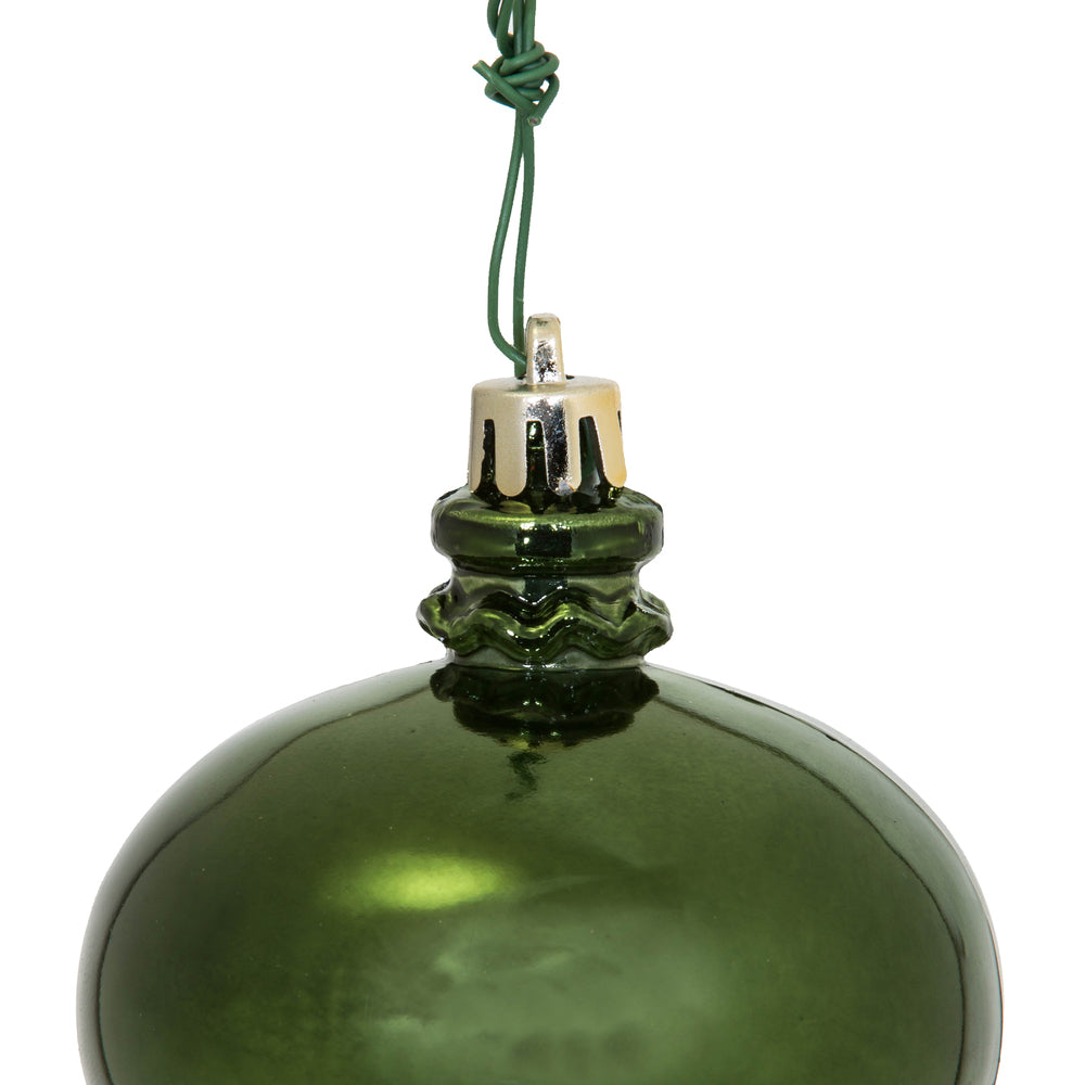 Vickerman 8" x 2.75" Moss Green Shiny Finial Ornament with drilled and wired caps. Comes 3 per Bag.