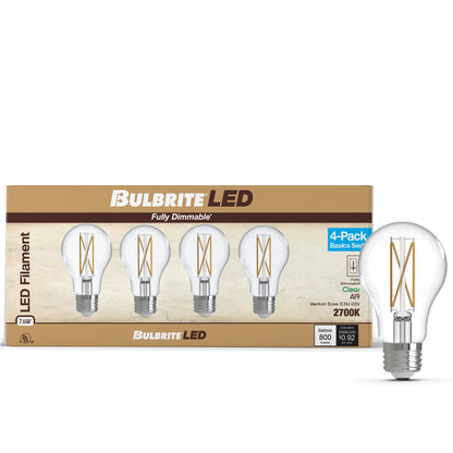 Bulbrite 776226 LED Filament Pack of 4, 7.6 Watt Dimmable A19 Light Bulb with Clear Finish and Medium Screw E26 Base - 2700K(Warm White Light), 800 lumens