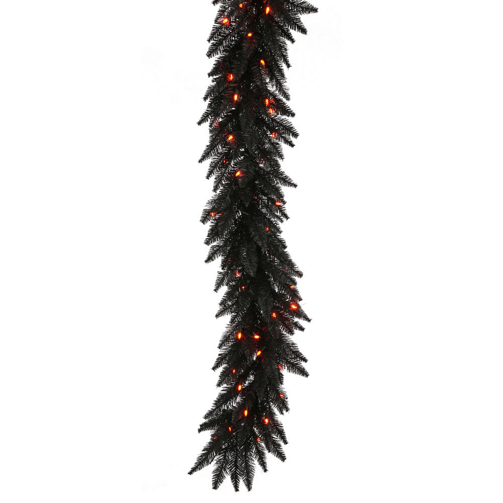 Vickerman 9' Black Fir Artificial Christmas Garland Orange Dura-Lit LED lights.