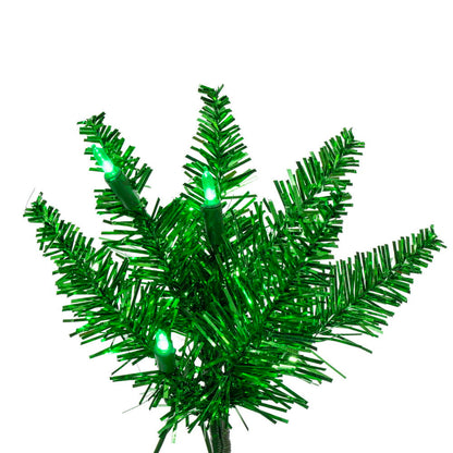 Vickerman 8.5' x 38" Green Tinsel Pencil Artificial Pre-Lit Christmas Tree with 600 Dura-Lit® Green LED Mini Lights. It measures 102 inches tall, and 28 inches wide, which is considered a pencil profile. This tree boasts 1363 tips for a realistic look. Pr