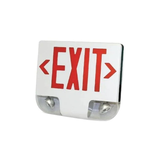 Westgate Die Cast LED Exit Sign & Adjustable LED Head Emergency Combo, SGL/DBL Face Univ. Canopy, Red Letters, White Face Pannel & Housing, LED Exit & Emergency Lighting, 3W Per Head