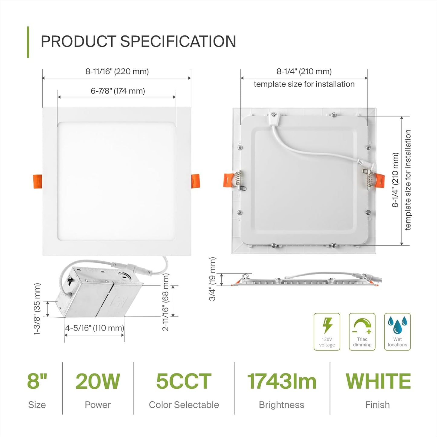 ASD Lighting LED Recessed Mini Panel Square 8inch 20W 120V Triac 2700/3000/3500/4000/5000K White UL Energy Star