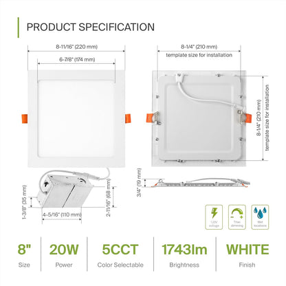 ASD Lighting LED Recessed Mini Panel Square 8inch 20W 120V Triac 2700/3000/3500/4000/5000K White UL Energy Star