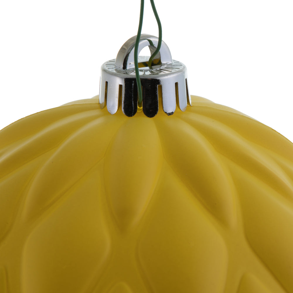 Vickerman 6" Yellow Matte Round Pine Cone Ornament with drilled and wired caps. Comes 4/bag.