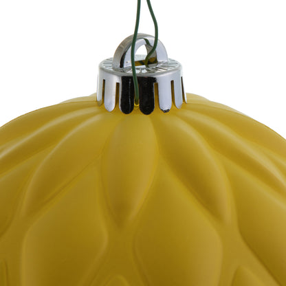 Vickerman 6" Yellow Matte Round Pine Cone Ornament with drilled and wired caps. Comes 4/bag.