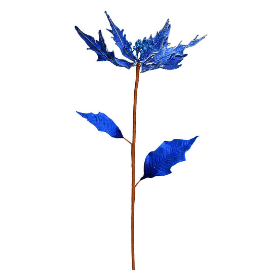 Vickerman 32" Blue Glitter poinsettia Artificial Christmas Spray. Includes 2 sprays per pack.