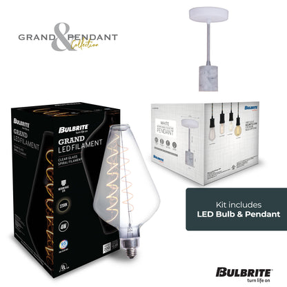 Bulbrite LED Grand Bulb and Pendant Kit of (1) 4 Watt Clear Glass 15" Diamond Shaped Bulb and (1) White Marble Open Socket Pendant on White Fabric Braided Cord - 2200K (Amber Light)