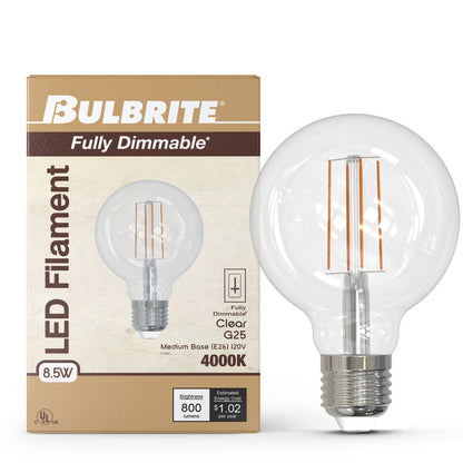 Bulbrite 776977 8.5W LED G25 4000K FILAMENT FULLY COMPATIBLE DIMMING JA8