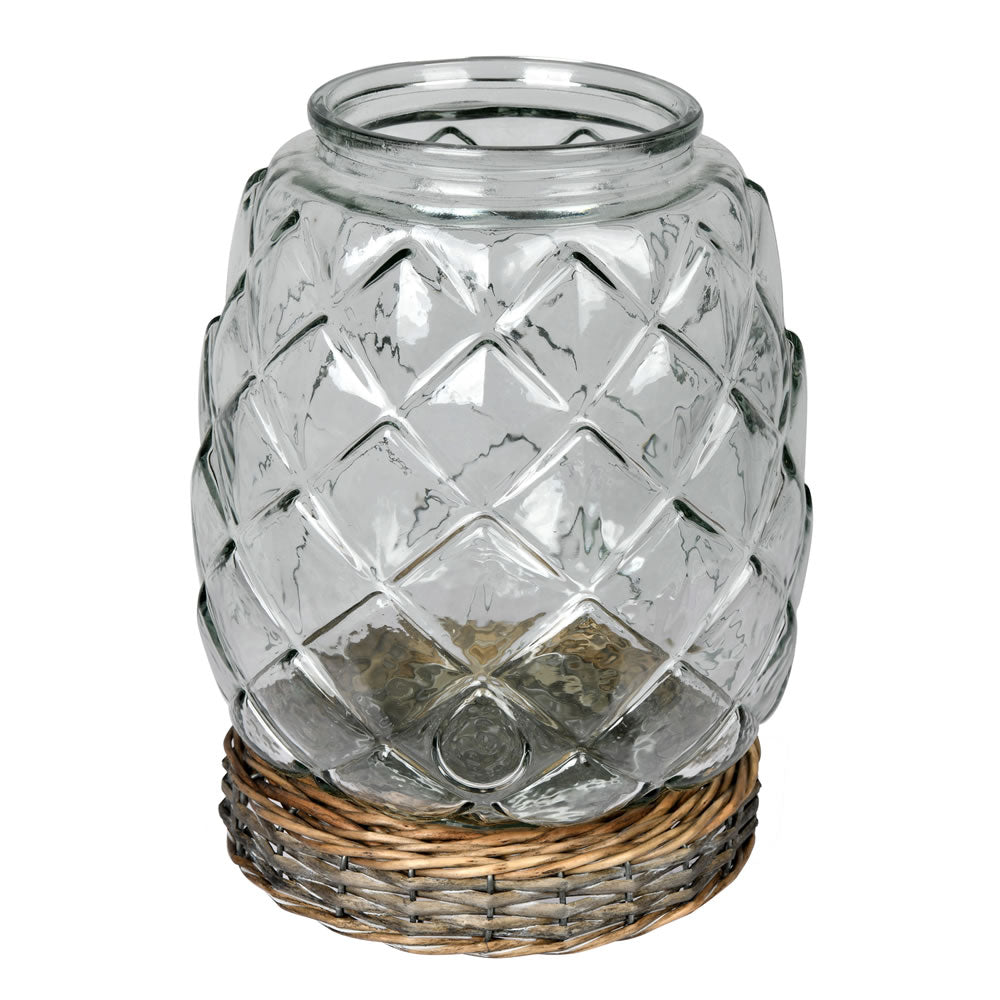 Vickerman 10.3" Glass Jar with Wicker Base. This glass jar features a chicken wire indentation and wicker wrapped base. 10.25" H x 7.5" W.   70% GLASS 20% BAMBOO 10% IRON WIRE