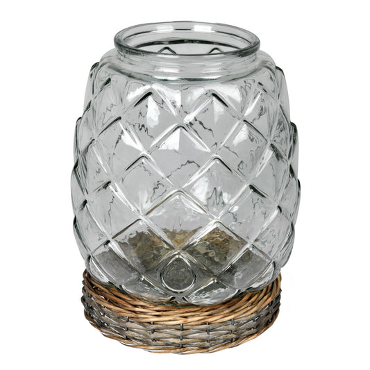 Vickerman 10.3" Glass Jar with Wicker Base. This glass jar features a chicken wire indentation and wicker wrapped base. 10.25" H x 7.5" W.   70% GLASS 20% BAMBOO 10% IRON WIRE