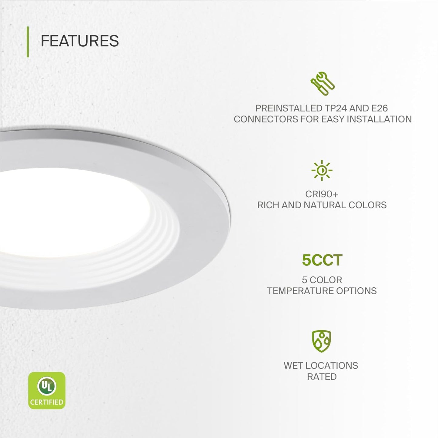 ASD Lighting LED Round Downlight Retrofit Kit 4" 8.6W 120V CCT Selectable 2700/3000/3500/4000/5000K Dimmable PC, Baffle Trim, White UL