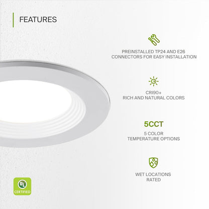 ASD Lighting LED Round Downlight Retrofit Kit 4" 8.6W 120V CCT Selectable 2700/3000/3500/4000/5000K Dimmable PC, Baffle Trim, White UL