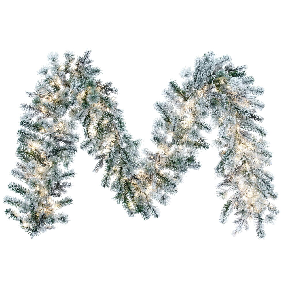 Vickerman 9' x 14' Flocked Kiana Artificial Christmas Garland with Warm White LED lights.