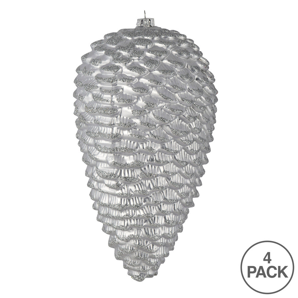 Vickerman 7" Silver Matte Glitter Pinecone Christmas Ornament 4 per pack