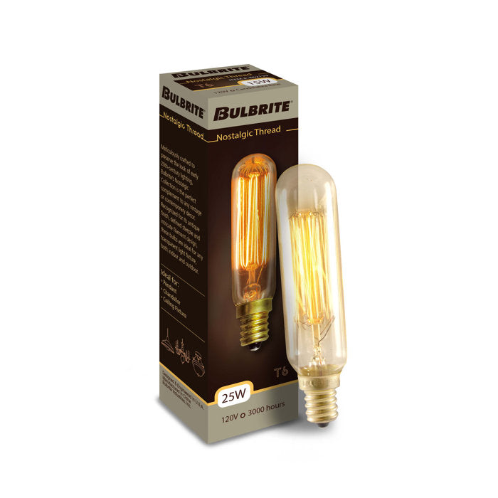 Bulbrite NOS25T6/SQ/E12 25 Watt Nostalgic Incandescent Edison T6 Tube, Vintage Thread Filament, Candelabra Base, Antique Finish