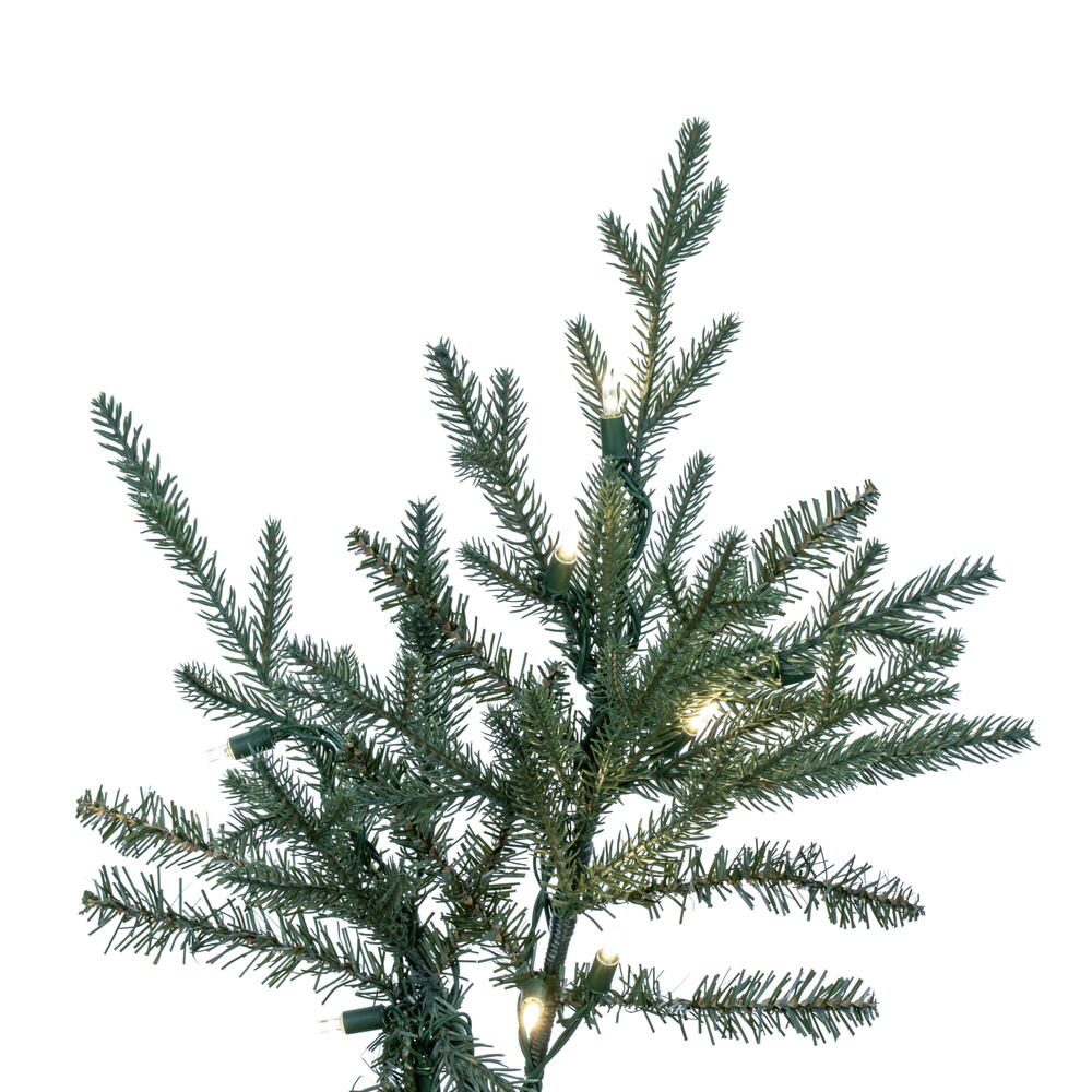 Vickerman 14' x 88" Slim Itasca Fraser Fir Artificial Pre-Lit Christmas Tree with 2650 Pure White LED Mini Lights, 9488 Realistic PE/PVC Tips, 6' Step On/Off Power Cord and Folding Metal Tree Stand. Assembly is required.