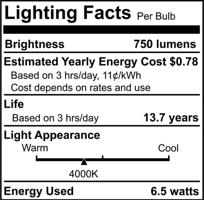 Bulbrite 6.5W LED LIGHT BULB B11 4000K FILAMENT E12 CANDELABRA BASE, CLEAR FINISH, DIMMABLE, 4PK