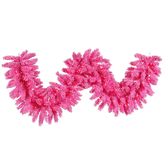 Vickerman 9' Flocked Pink Artificial Christmas Garland Pink Dura-Lit LED lights.