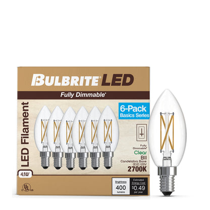 Bulbrite 776229 LED Filament Pack of 6, 4.1 Watt Dimmable B11 Light Bulb with Clear Finish and Candelabra Screw E12 Base - 2700K(Warm White Light), 400 lumens
