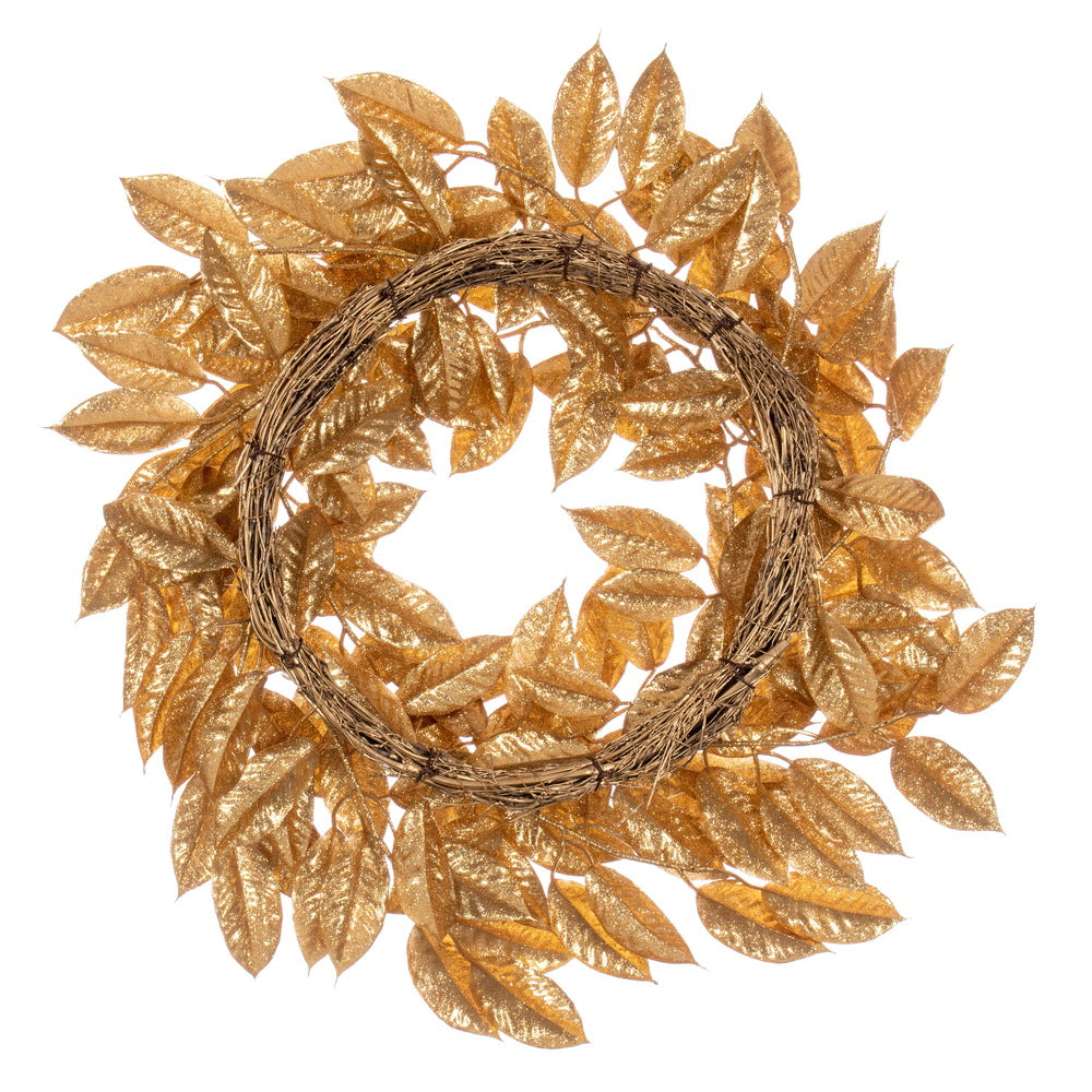 Vickerman 24" Gold Artificial Gardenia Glitter Wreath.