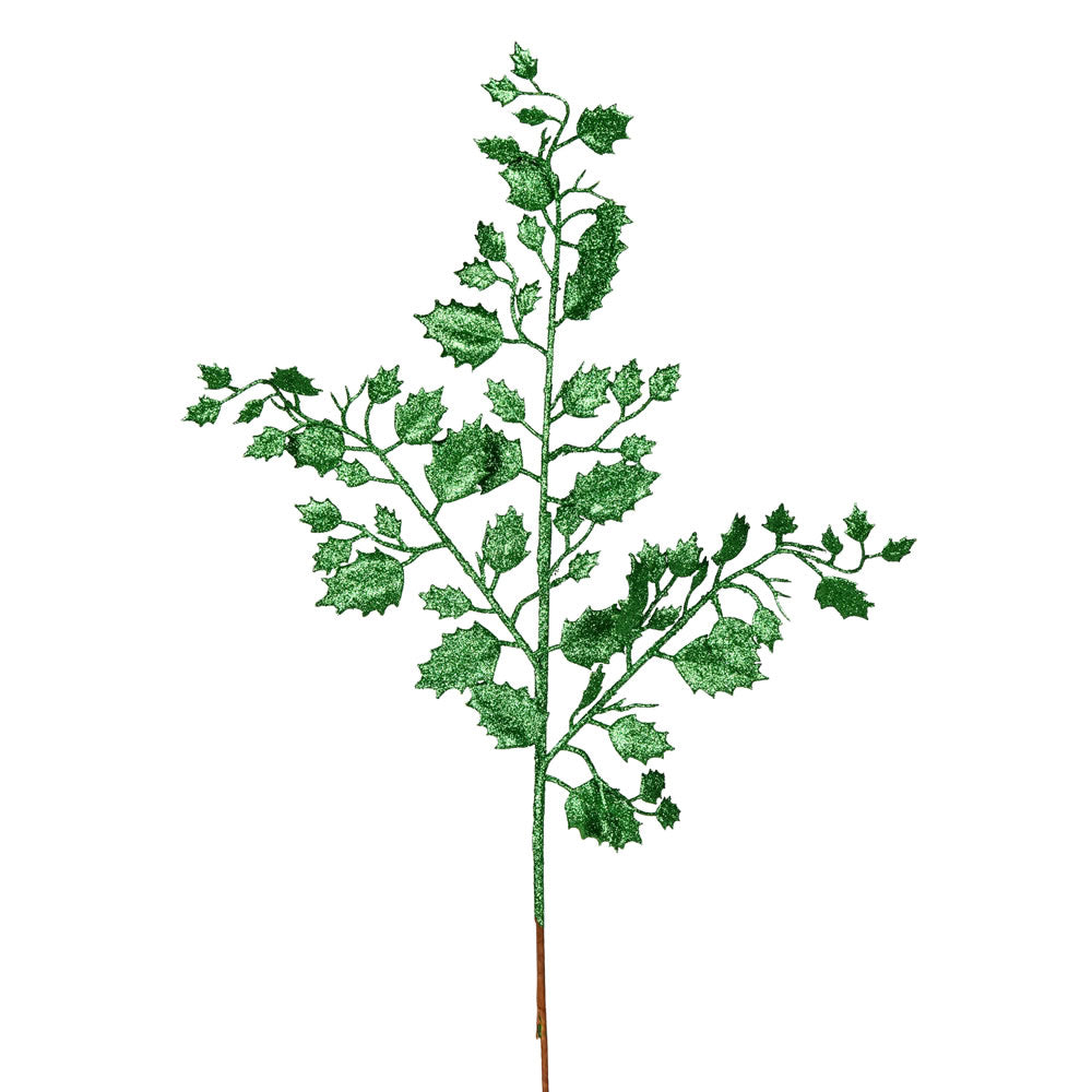 Vickerman 27" Green Glitter Holly Leaf Artificial Christmas Spray. Includes 12 sprays per pack.