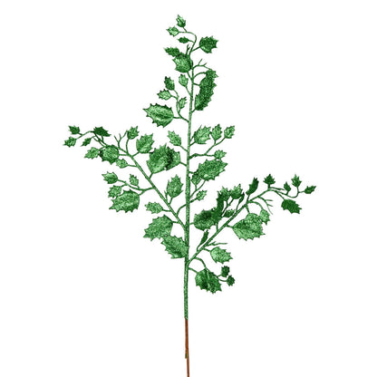 Vickerman 27" Green Glitter Holly Leaf Artificial Christmas Spray. Includes 12 sprays per pack.